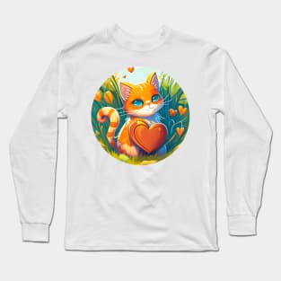 Cat Heart With Bright Eyed Orange Kitty In The Garden - Funny Cats Long Sleeve T-Shirt